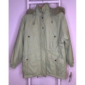 Bernardo Jacket Womens Large Green Parka Zipper Flap Pockets Hooded Lined New
